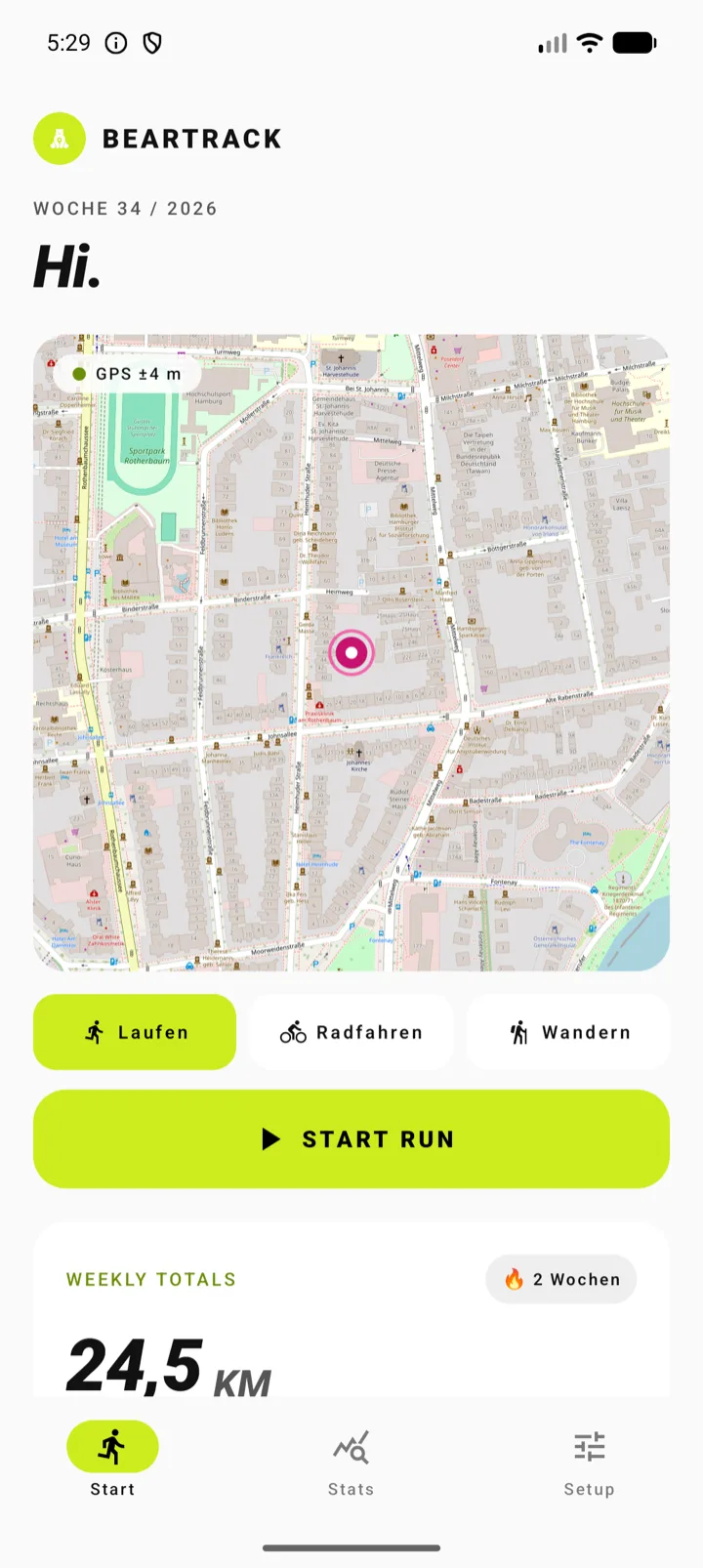 Home-Screen mit Live-Karte, GPS-Anzeige und Wochenübersicht