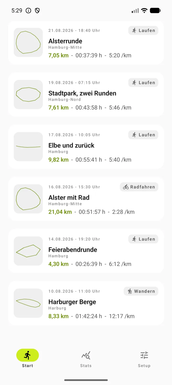 Liste der Aktivitäten mit Routen-Vorschau, Distanz und Pace