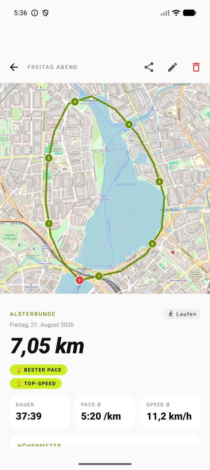 Aktivitäts-Detail: Route auf der Karte mit Kilometermarken