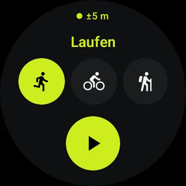 Startbildschirm der Uhr mit Sportart-Auswahl und GPS-Anzeige